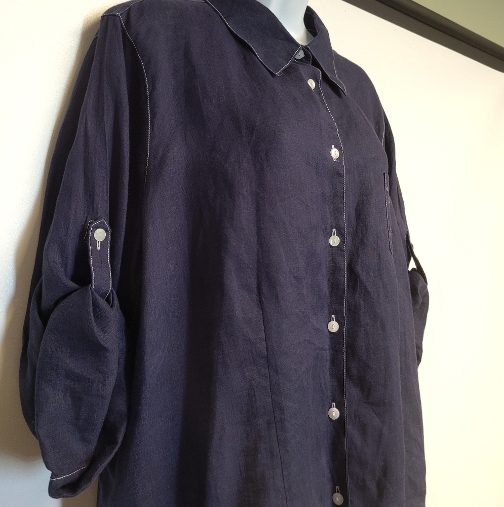 Foxcroft 100% Linen Button Down Shirt Navy Blue Size 18W Shaped Fit - Picture 3 of 6